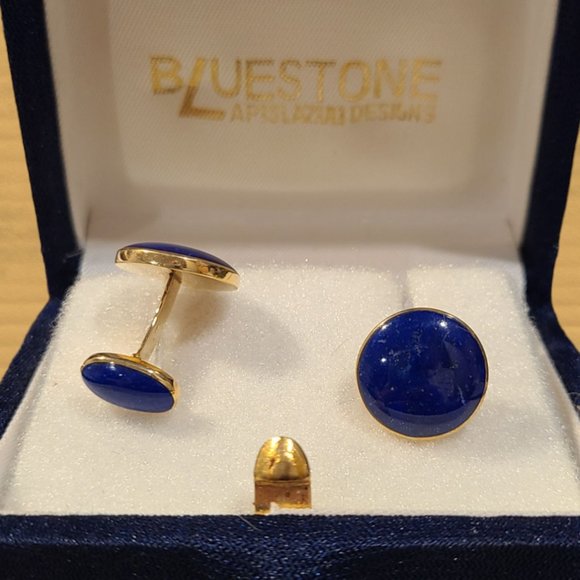 18K GOLD BLUESTONE LAPIS LAZULI DESIGNS ROUND BEZEL CUFFLINKS - Picture 1 of 7